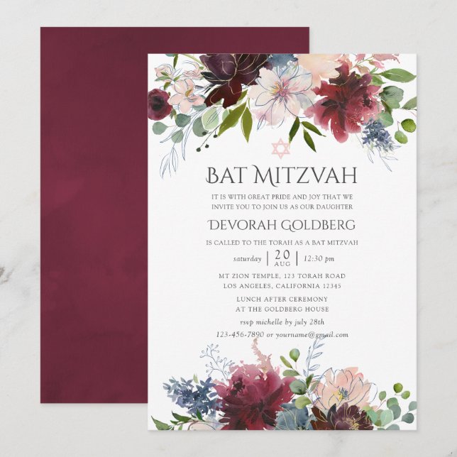 Burgundy and Blush Watercolor Floral Bat Mitzvah Invitation (Front/Back)