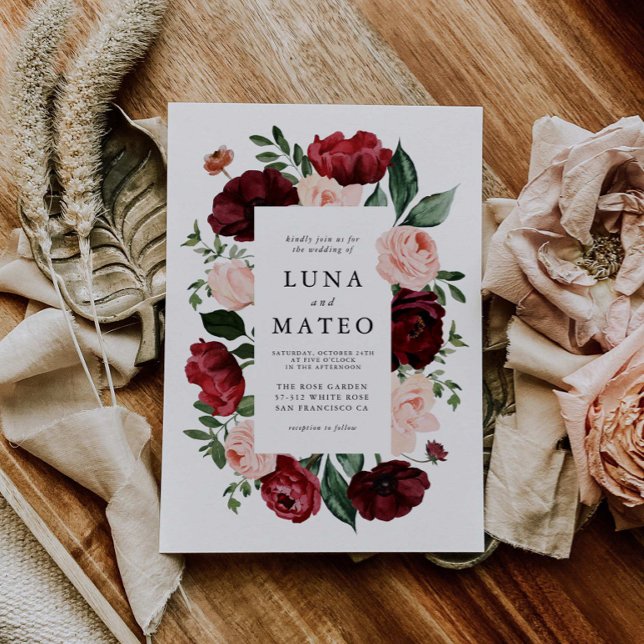 Burgundy and Blush Watercolor Floral Photo Wedding Invitation (Creator Uploaded)