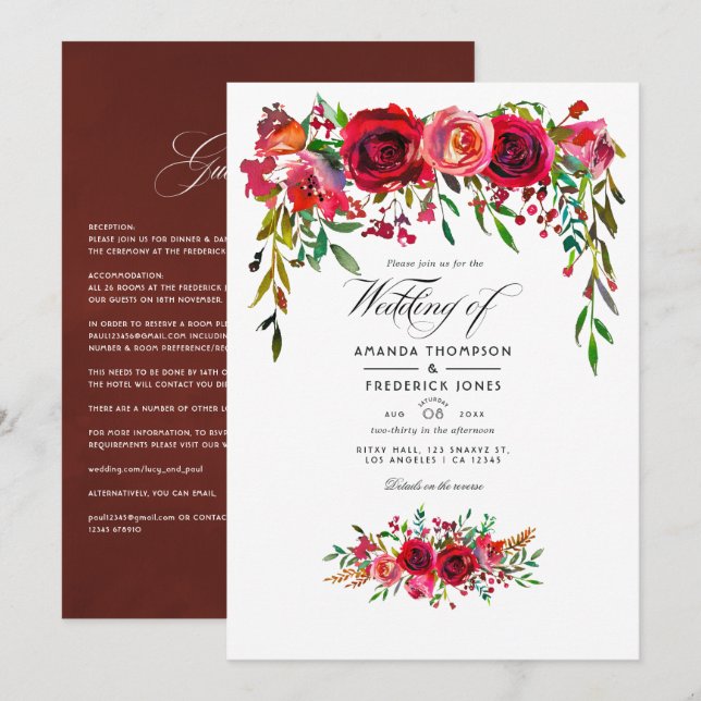 Burgundy and Blush Watercolor Floral Wedding Invitation (Front/Back)