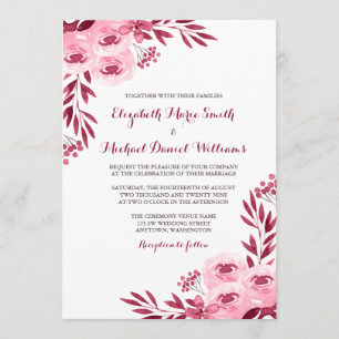 Burgundy and Blush Watercolor Floral Wedding Invitation