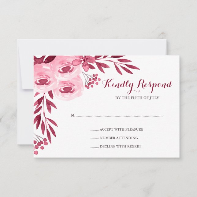 Burgundy and Blush Watercolor Floral Wedding RSVP Card (Front)