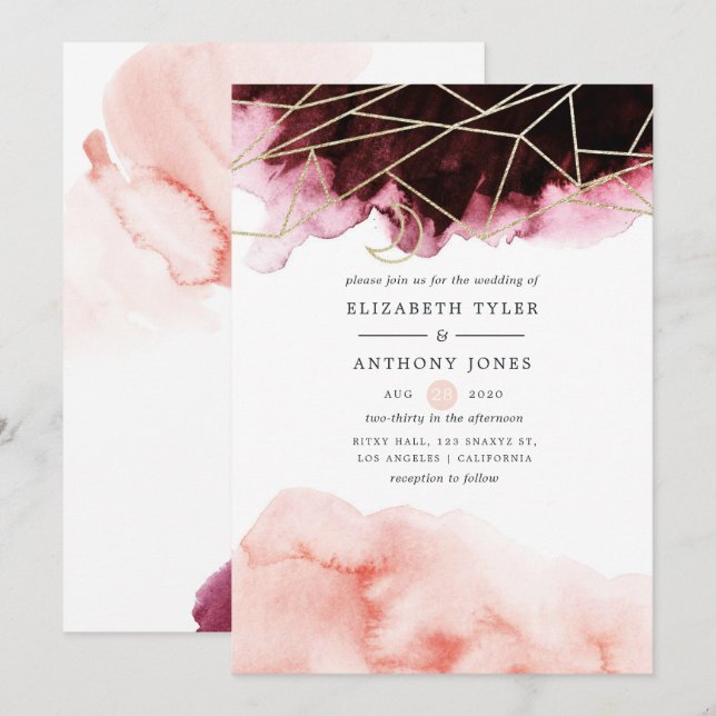 Burgundy and Blush Watercolor Geometric Wedding Invitation (Front/Back)