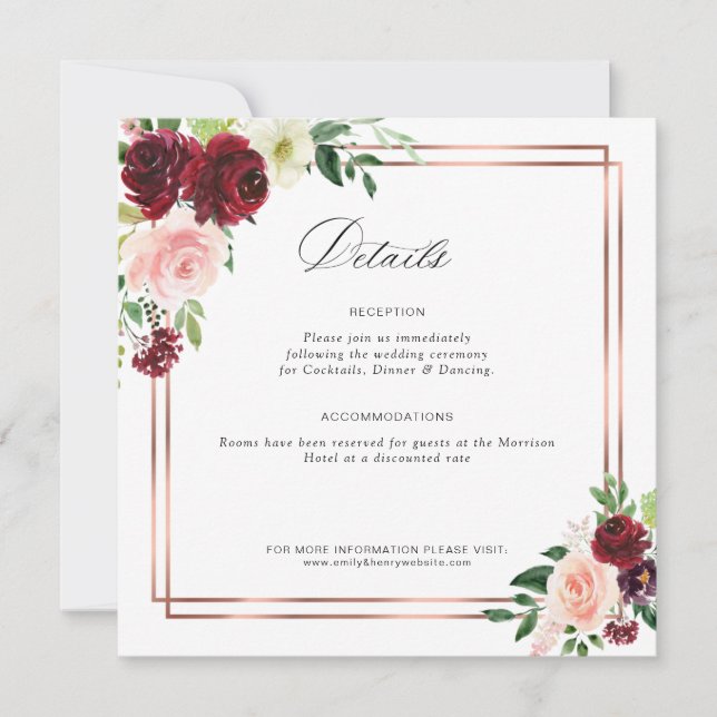 burgundy and blush wedding details card (Front)