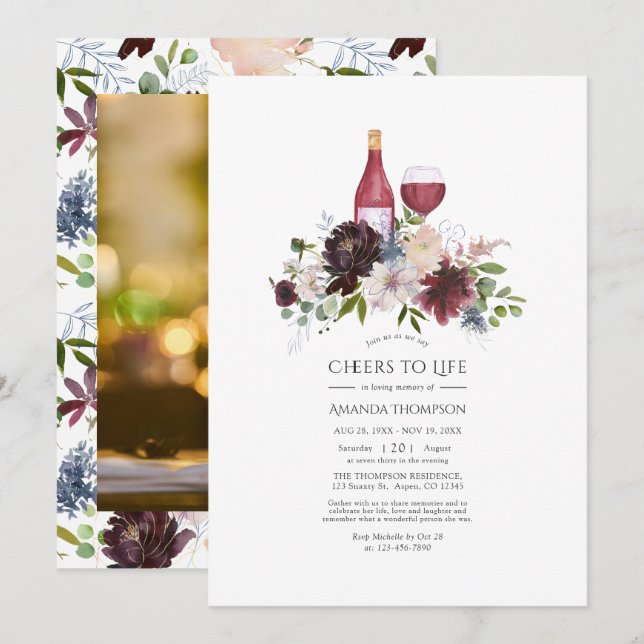 Burgundy and Blush Wine themed Celebration of Life Invitation (Front/Back)