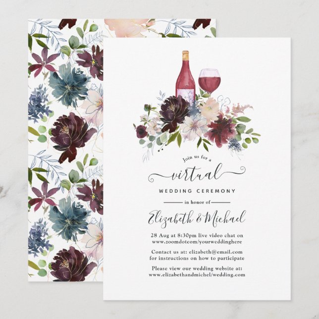 Burgundy and Blush Wine themed Virtual Wedding Invitation (Front/Back)