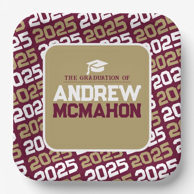 Burgundy and Bronze Gold Personalised Graduation Paper Plate (Front)