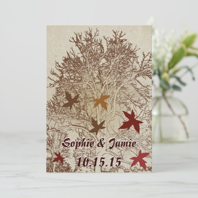 Burgundy and Brown Tree Wedding  Invitation (Standing Front)