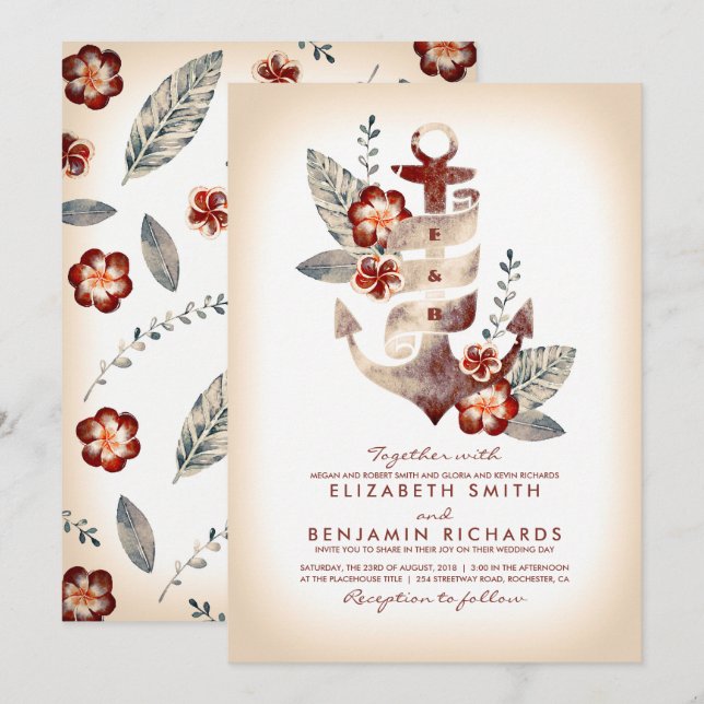 Burgundy and Champagne Nautical Beach Wedding Invitation (Front/Back)