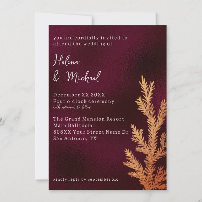 Burgundy and Copper Winter Wedding Pine Branch Invitation (Front)