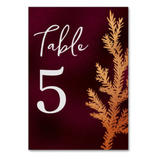 Burgundy and Copper Winter Wedding Pine Branch Table Number
