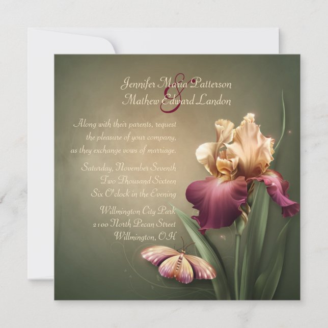 Burgundy and Cream Iris Wedding Invitation (Front)