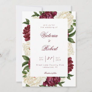Burgundy and Cream Peony Floral Wedding Invitation