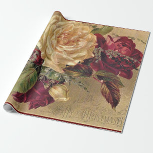 Burgundy and Cream Roses / Vintage Christmas Wrapping Paper