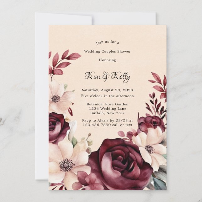 Burgundy and Cream Roses Wedding Couples Shower Invitation (Front)
