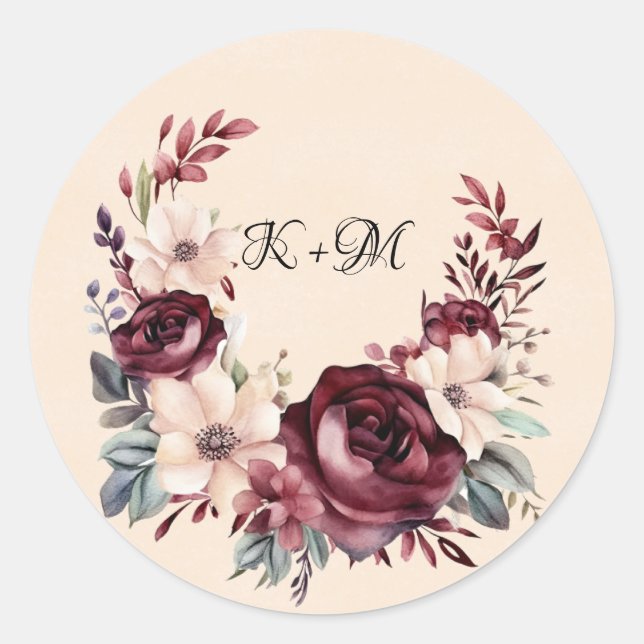 Burgundy and Cream Watercolor Roses Wedding Classic Round Sticker (Front)