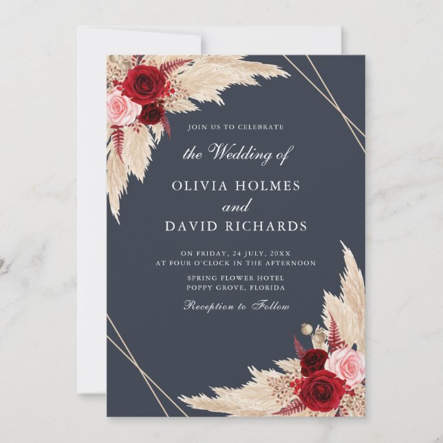 Burgundy and Dark Dusty Blue Wedding Invitation (Front)
