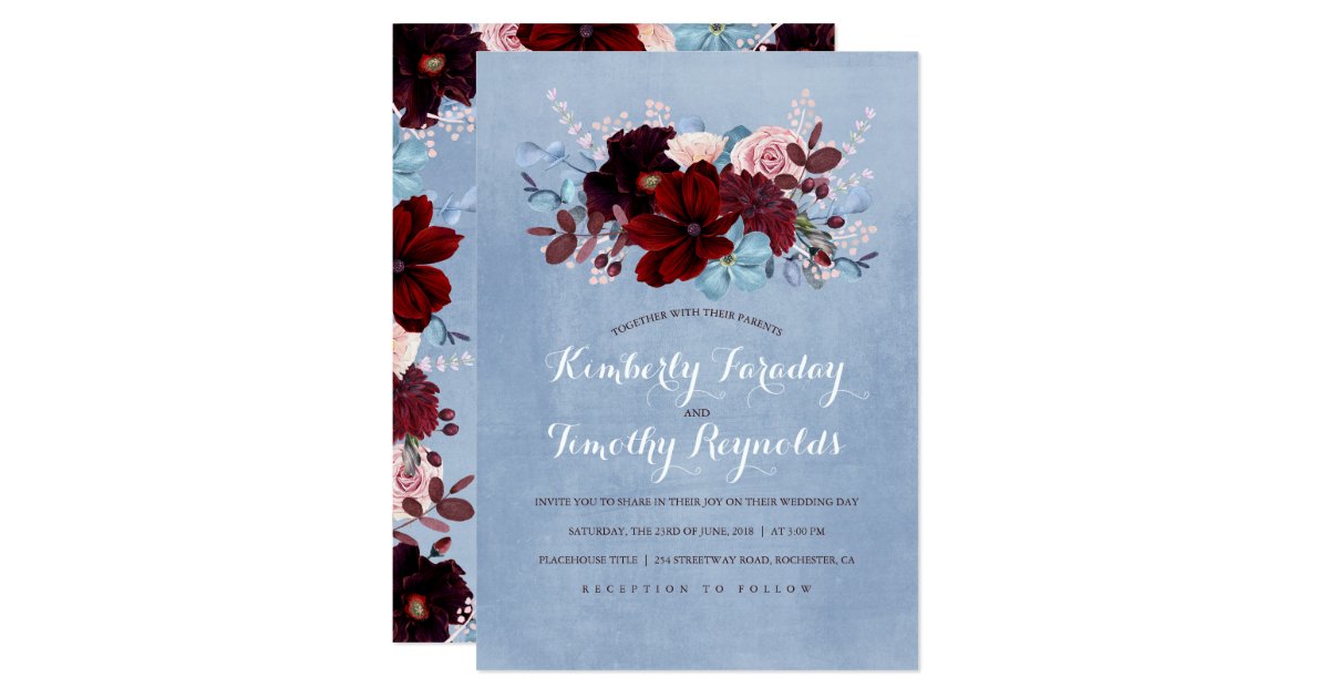 Burgundy and Dusty Blue Floral Elegant Wedding Invitation