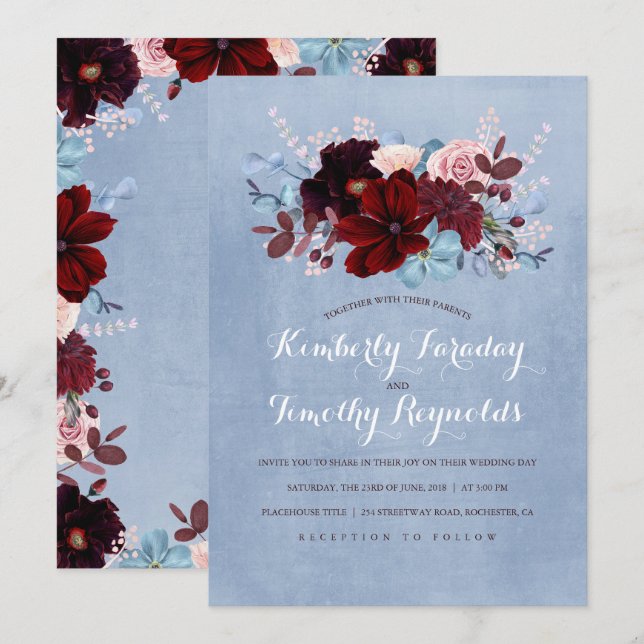 Burgundy and Dusty Blue Floral Elegant Wedding Invitation (Front/Back)