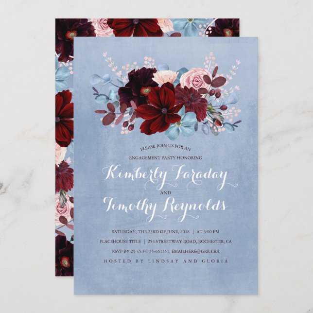 Burgundy and Dusty Blue Floral Engagement Party Invitation (Front/Back)