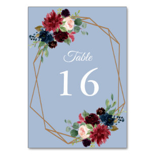 burgundy and dusty blue floral geometric wedding table number
