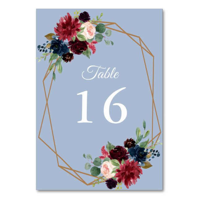 burgundy and dusty blue floral geometric wedding table number (Front)
