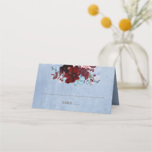 Burgundy and Dusty Blue Floral Watercolor Place Card