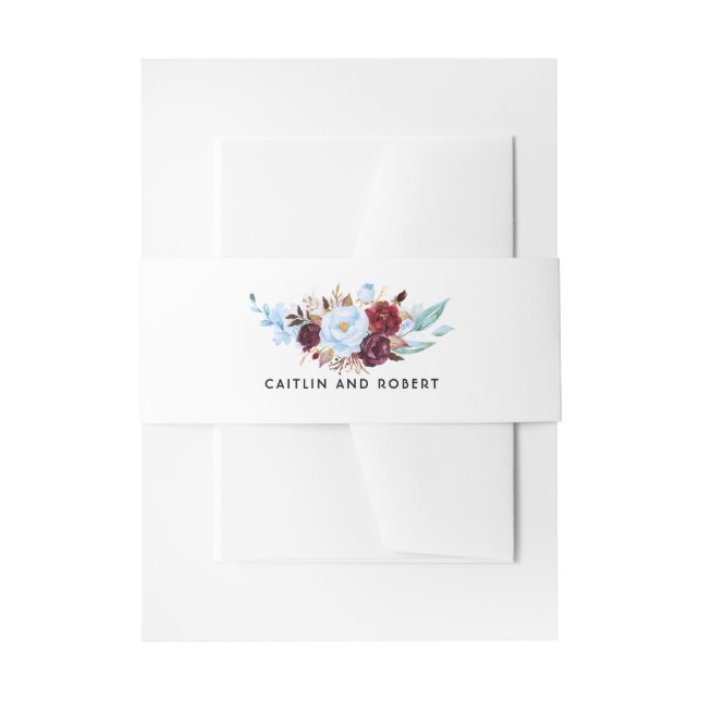 Burgundy and Dusty Blue Floral Wedding Invitation Belly Band (Front Example)