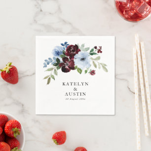 burgundy and dusty blue floral wedding napkin