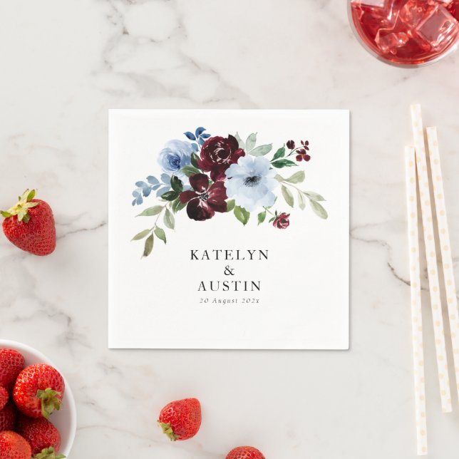 burgundy and dusty blue floral wedding napkin (Insitu)