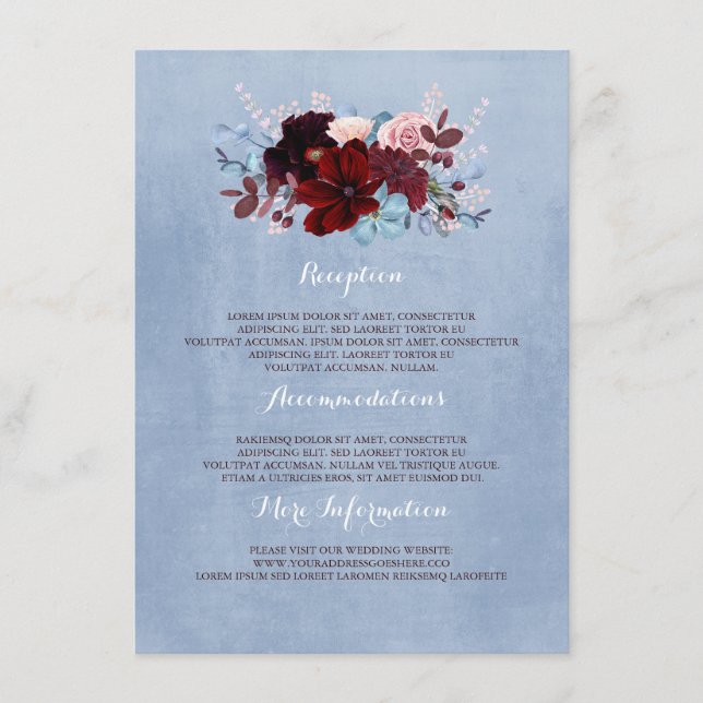 Burgundy and Dusty Blue Wedding Information Guest Enclosure Card (Front)