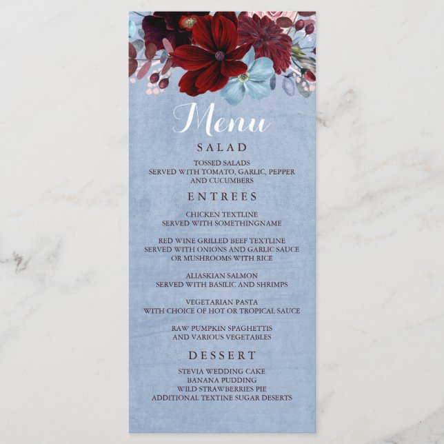 Burgundy and Dusty Blue Wedding Menus (Front)
