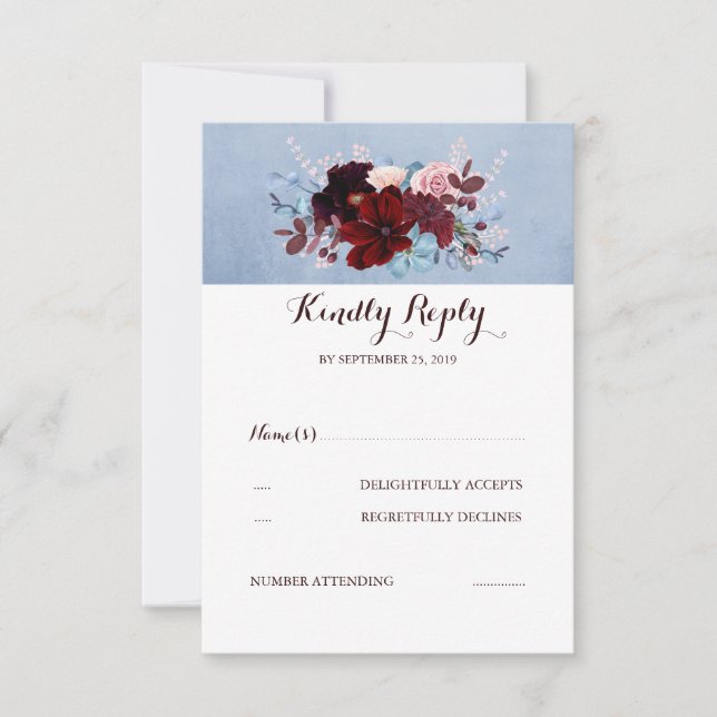 Burgundy and Dusty Blue Wedding RSVP Card (Front)