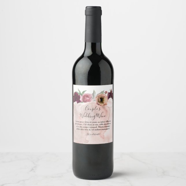 Burgundy and Dusty Pink Floral Wedding Wine Label (Front)