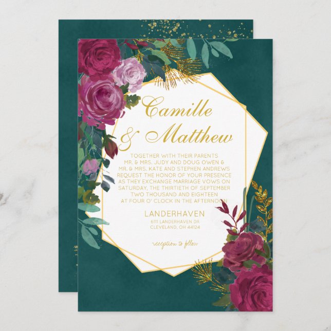 Burgundy and Emerald Wedding Invitation (Front/Back)