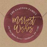 Burgundy and Faux Foil Merriest Return Address Classic Round Sticker<br><div class="desc">Affordable custom circle holiday address labels with an elegant burgundy watercolor background and faux gold foil script typography. Use the design tools to add your own text and photos to create a one of a kind return address label,  envelope seal or Christmas gift tags.</div>