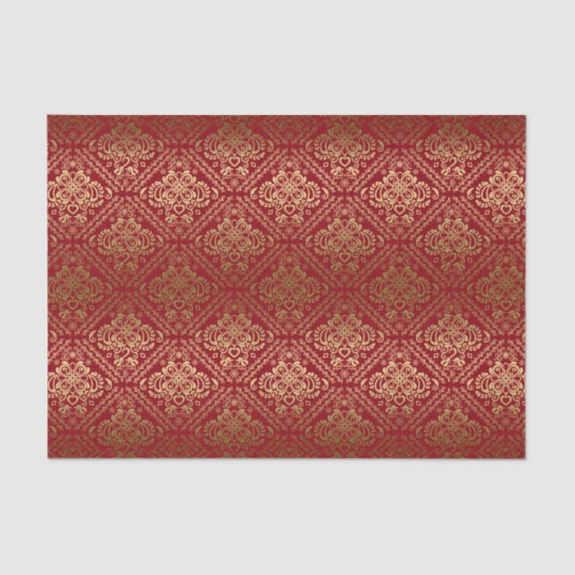 Burgundy And Faux Metallic Gold Floral Damasks 5 Tissue Paper (Front)