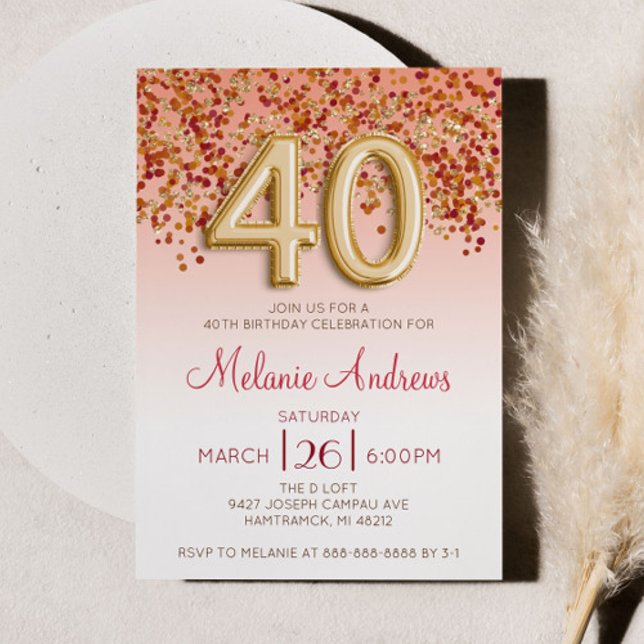 Burgundy and Gold 40th Birthday Party Invitation (Creator Uploaded)