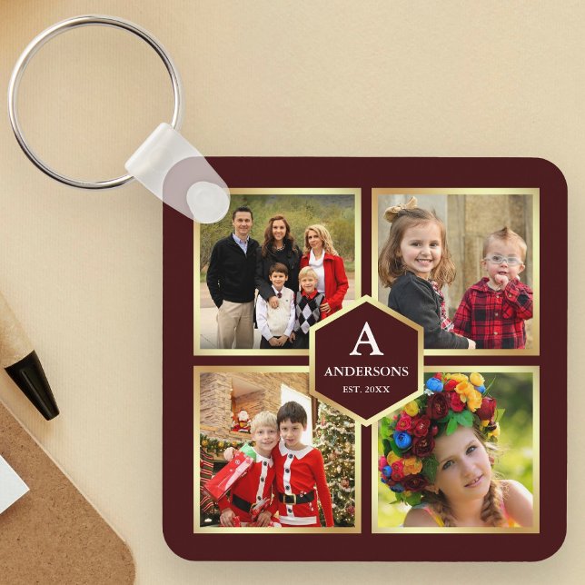 Burgundy and Gold 4 Pictures Family Photo Collage Key Ring (Creator Uploaded)