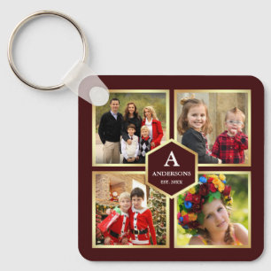 Burgundy and Gold 4 Pictures Family Photo Collage Key Ring
