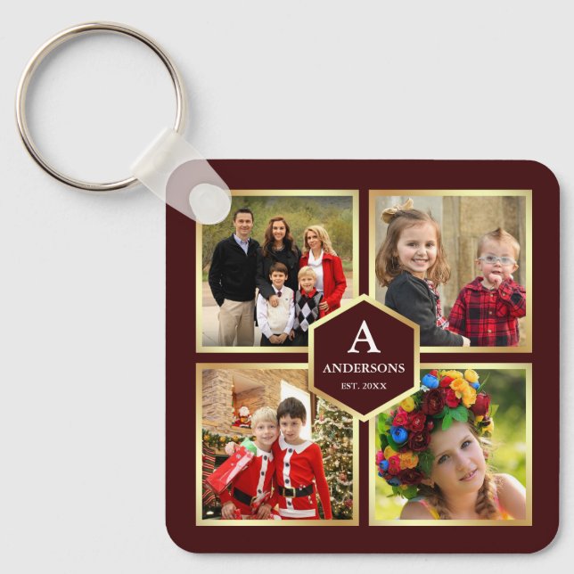 Burgundy and Gold 4 Pictures Family Photo Collage Key Ring (Front)