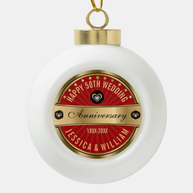 Burgundy And Gold 50 Wedding Anniversary Ceramic Ball Christmas Ornament (Front)