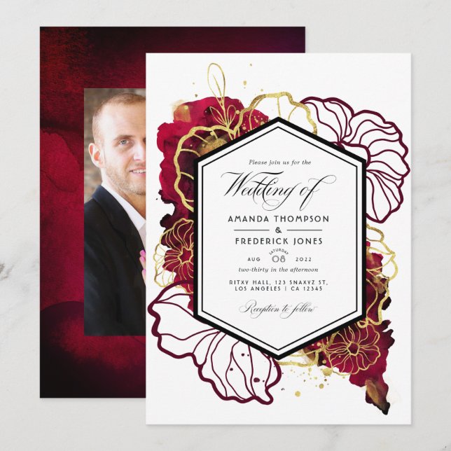 Burgundy and Gold Abstract Floral Wedding Photo Invitation (Front/Back)