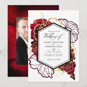 Burgundy and Gold Abstract Floral Wedding Photo Invitation