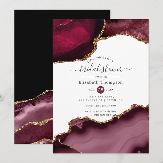Burgundy and Gold Agate Bridal Shower Invitation (Front/Back)