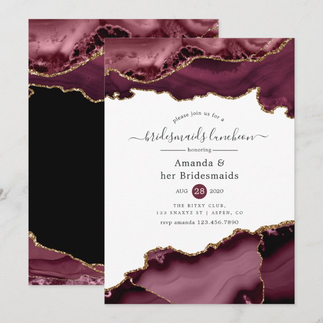 Burgundy and Gold Agate Bridesmaids Luncheon Invitation (Front/Back)