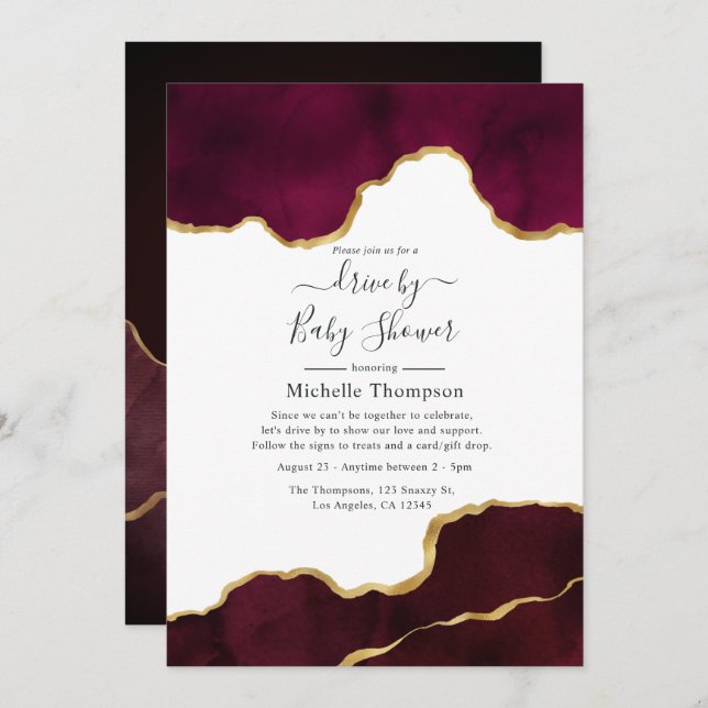 Burgundy and Gold Agate Drive By Shower Invitation (Front/Back)