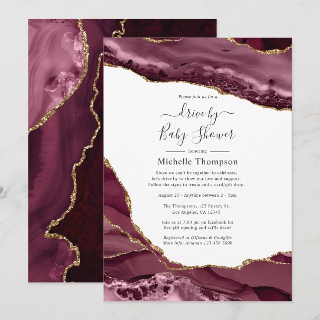 Burgundy and Gold Agate Drive By Shower Invitation (Front/Back)