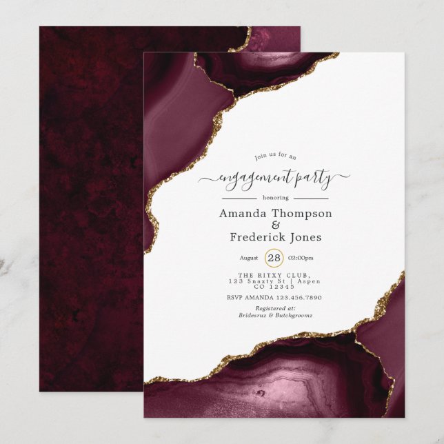 Burgundy and Gold Agate Engagement Party Invitation (Front/Back)