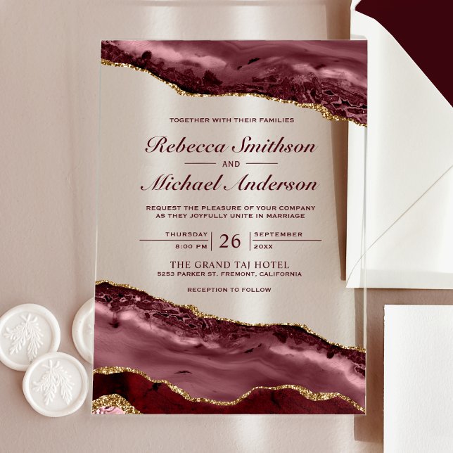 Burgundy and Gold Agate Marble Wedding Invitation (Creator Uploaded)