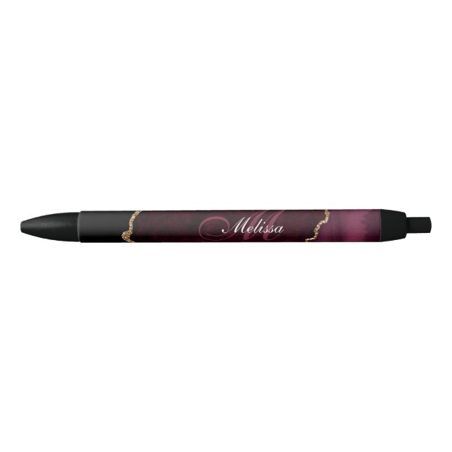 burgundy and gold agate monogram black ink pen (Front)